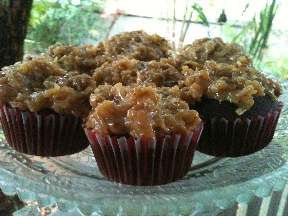Chocolate cupcakes with coconut pecan frosting